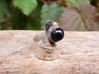 Hammered Silver Black Onyx Ring, Adjustable Boho ring