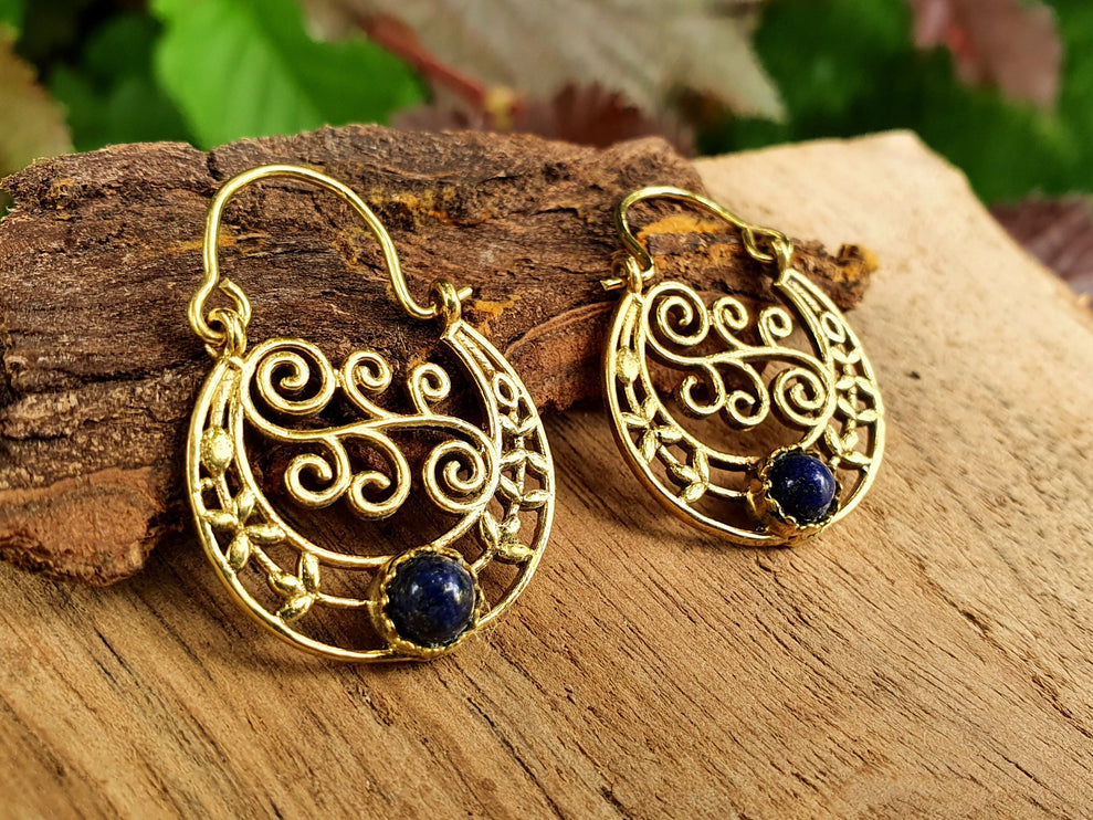 Small Boho Earrings Lapis Lazuli Brass Earrings / Triangle / Mandala / Ethnic / Rustic / Yoga / Hippie / Gypsy / Psy / Bohemian / Festival