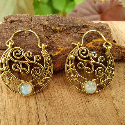 Boho Hoops Moonstone Earrings / Brass / Mandala / Ethnic / Rustic / Yoga / Hippie / Gypsy / Psy / Bohemian / Festival