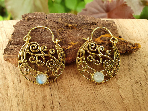 Boho Hoops Moonstone Earrings / Brass / Mandala / Ethnic / Rustic / Yoga / Hippie / Gypsy / Psy / Bohemian / Festival