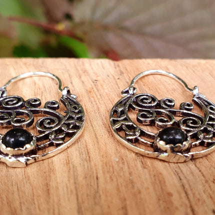 Small Boho Silver Earrings Black Onyx / Triangle / Mandala / Ethnic / Rustic / Yoga / Hippie / Gypsy / Psy / Bohemian / Festival