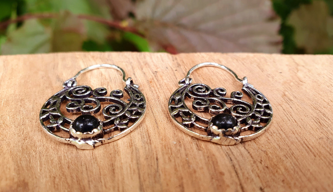 Small Boho Silver Earrings Black Onyx / Triangle / Mandala / Ethnic / Rustic / Yoga / Hippie / Gypsy / Psy / Bohemian / Festival