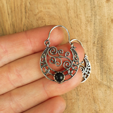 Small Boho Silver Earrings Black Onyx / Triangle / Mandala / Ethnic / Rustic / Yoga / Hippie / Gypsy / Psy / Bohemian / Festival