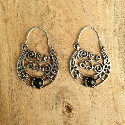 Small Boho Silver Earrings Black Onyx / Triangle / Mandala / Ethnic / Rustic / Yoga / Hippie / Gypsy / Psy / Bohemian / Festival