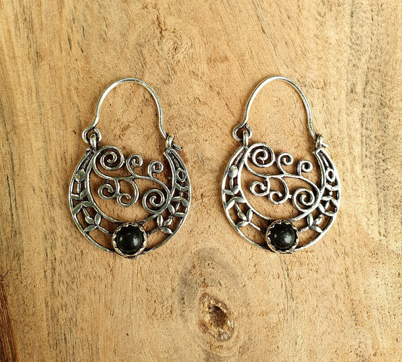 Small Boho Silver Earrings Black Onyx / Triangle / Mandala / Ethnic / Rustic / Yoga / Hippie / Gypsy / Psy / Bohemian / Festival