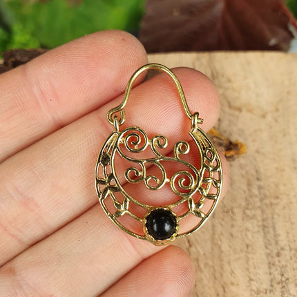 Small Boho Gold Earrings Black Onyx / Ethnic Hoops / Mandala / Rustic / Yoga / Hippie / Gypsy / Psy / Bohemian / Festival