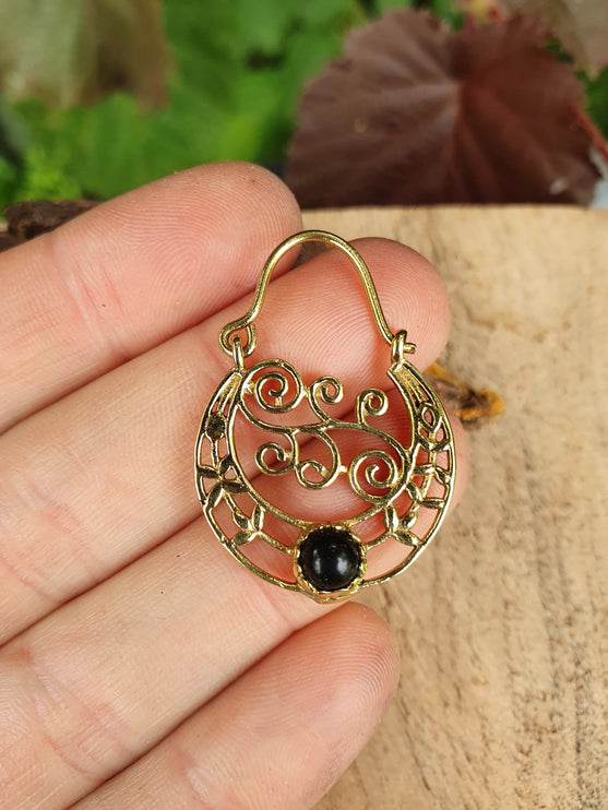 Small Boho Gold Earrings Black Onyx / Ethnic Hoops / Mandala / Rustic / Yoga / Hippie / Gypsy / Psy / Bohemian / Festival