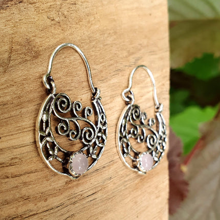 Rose Quartz Boho Hoops Silver Earrings / Mandala / Ethnic / Rustic / Yoga / Hippie / Gypsy / Psy / Festival