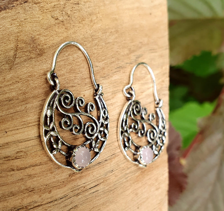 Rose Quartz Boho Hoops Silver Earrings / Mandala / Ethnic / Rustic / Yoga / Hippie / Gypsy / Psy / Festival