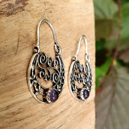 Amethyst Boho Silver Earrings / Mandala / Ethnic / Rustic / Yoga / Hippie / Gypsy / Psy / Bohemian / Festival