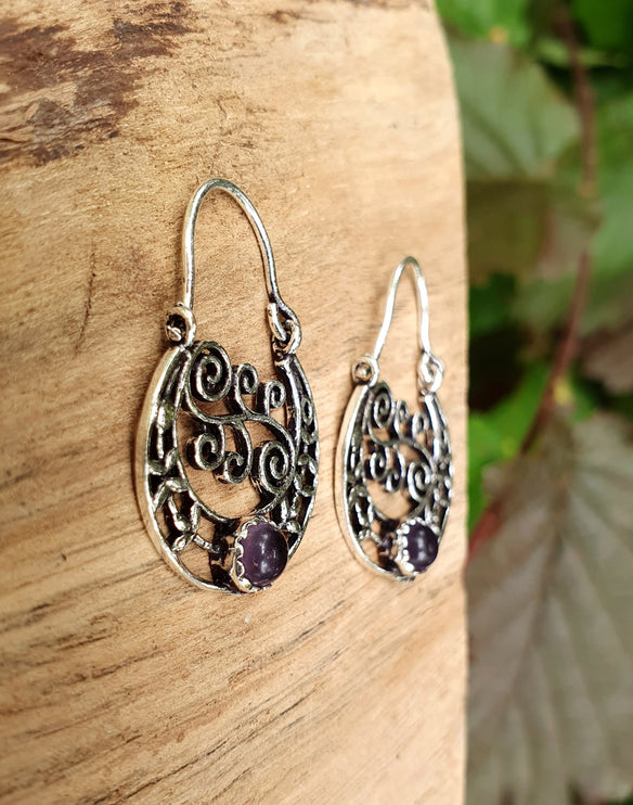 Amethyst Boho Silver Earrings / Mandala / Ethnic / Rustic / Yoga / Hippie / Gypsy / Psy / Bohemian / Festival