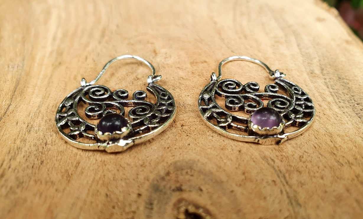 Amethyst Boho Silver Earrings / Mandala / Ethnic / Rustic / Yoga / Hippie / Gypsy / Psy / Bohemian / Festival