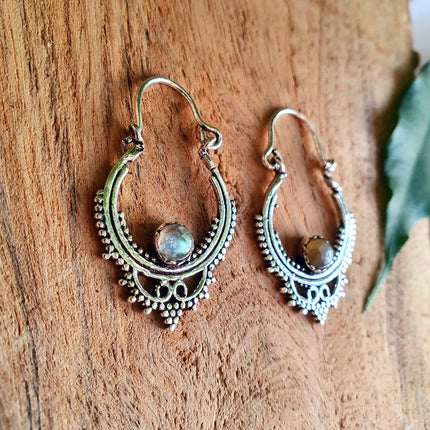 Small Boho Hoops Labradorite Silver Earrings / Triangle / Mandala / Ethnic / Rustic / Yoga / Hippie / Gypsy / Psy / Bohemian / Festival