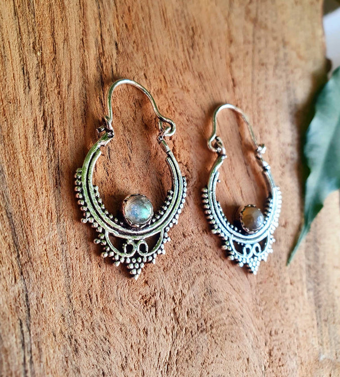 Small Boho Hoops Labradorite Silver Earrings / Triangle / Mandala / Ethnic / Rustic / Yoga / Hippie / Gypsy / Psy / Bohemian / Festival