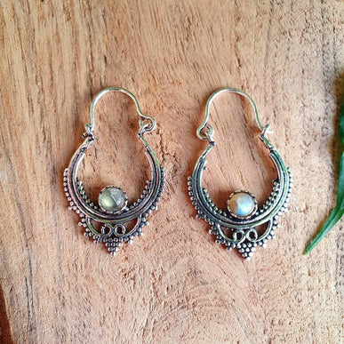 Small Boho Hoops Labradorite Silver Earrings / Triangle / Mandala / Ethnic / Rustic / Yoga / Hippie / Gypsy / Psy / Bohemian / Festival