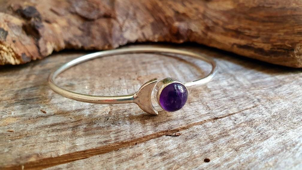 Moon Bracelet / Silver & Amethyst / Bangle / Galaxy / Solar System / Planets / Boho / Adjustable / Hippie / Chic / Sun