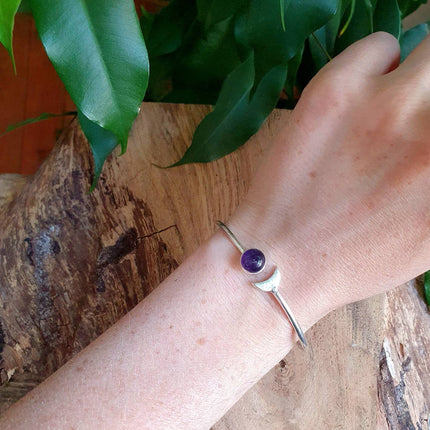 Moon Bracelet / Silver & Amethyst / Bangle / Galaxy / Solar System / Planets / Boho / Adjustable / Hippie / Chic / Sun