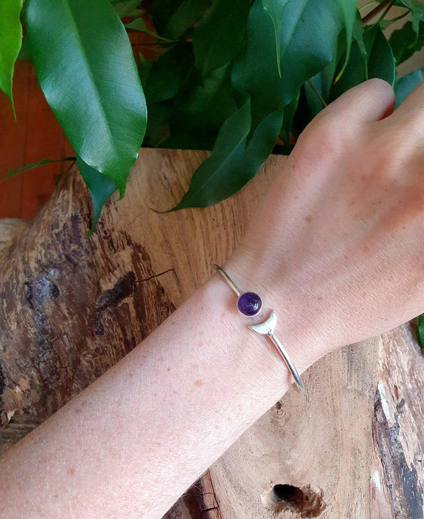 Moon Bracelet / Silver & Amethyst / Bangle / Galaxy / Solar System / Planets / Boho / Adjustable / Hippie / Chic / Sun