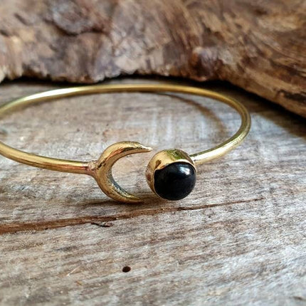 Golden Moon Bracelet / Black Onyx / Bangle / Galaxy / Solar System / Planets / Boho / Adjustable / Hippie / Chic / Sun