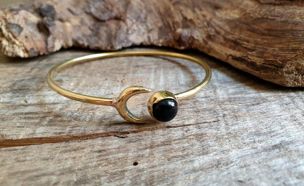 Golden Moon Bracelet / Black Onyx / Bangle / Galaxy / Solar System / Planets / Boho / Adjustable / Hippie / Chic / Sun