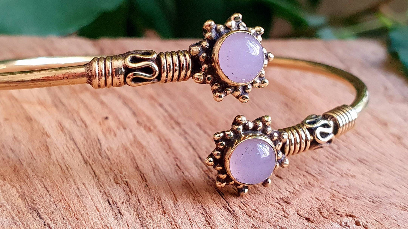 Bali Bracelet / Quartz Rose / Laiton / Jonc /Boho / Bangle / Tribal / Hippie / Rustique / Ethnique / Bohème