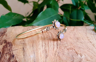 Bali Boho Brass Bracelet / Rose Quartz / Bangle / Ethnic / Rustic / Bohemian / Hippie / Gypsy / Psy / Adjustable