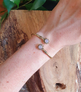Bali Boho Brass Bracelet / Rose Quartz / Bangle / Ethnic / Rustic / Bohemian / Hippie / Gypsy / Psy / Adjustable