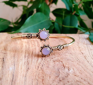 Bali Boho Brass Bracelet / Rose Quartz / Bangle / Ethnic / Rustic / Bohemian / Hippie / Gypsy / Psy / Adjustable