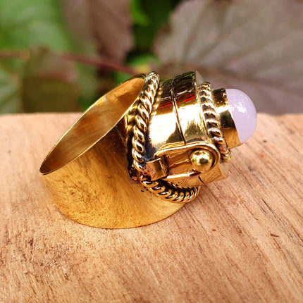 Gold Poison Ring / Brass & Rose Quartz / Alchemy / Locket Ring / Boho / Bohemian / Rustic / Tribal / Gypsy / Festival / Healing / Festival