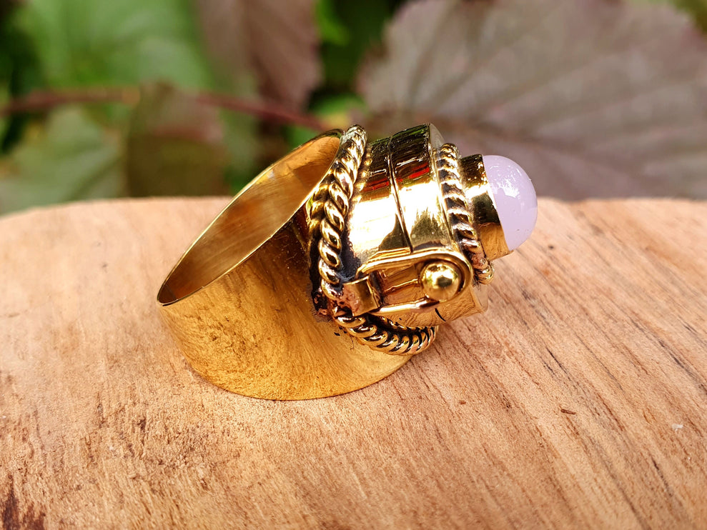 Gold Poison Ring / Brass & Rose Quartz / Alchemy / Locket Ring / Boho / Bohemian / Rustic / Tribal / Gypsy / Festival / Healing / Festival