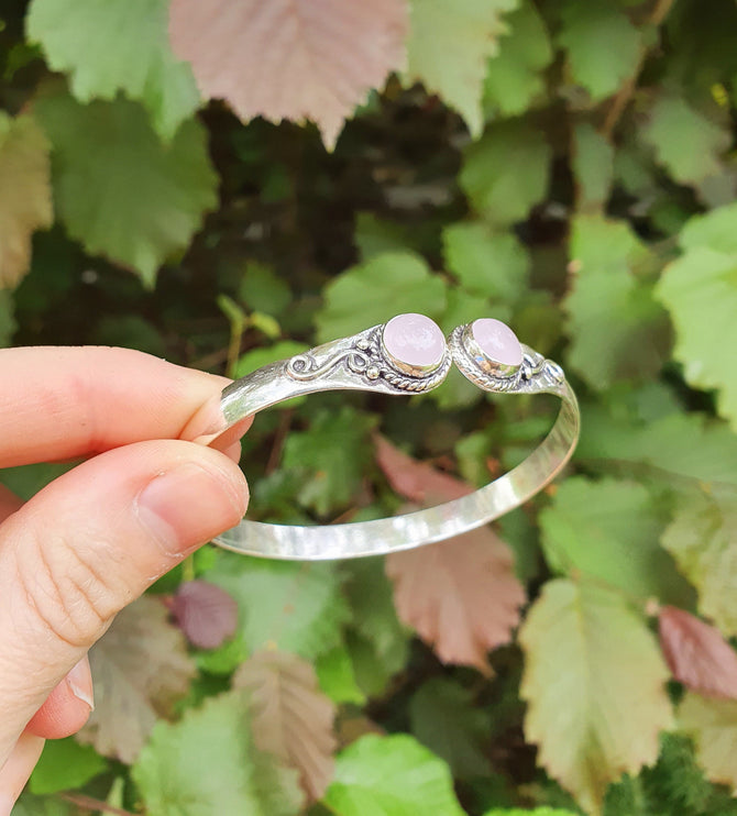 Rose Quartz Boho Bracelet / Bangle / Silver / Ethnic / Rustic / Bohemian / Hippie / Gypsy / Psy / Chic / Jewellery / Body / Adjustable