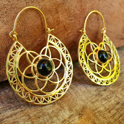 Black Onyx & Brass Hoop Ethnic Earrings , rustic, yoga, hippie, gypsy, pretty, psy, boho, bohemian, festival