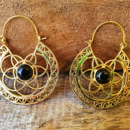 Black Onyx & Brass Hoop Ethnic Earrings , rustic, yoga, hippie, gypsy, pretty, psy, boho, bohemian, festival