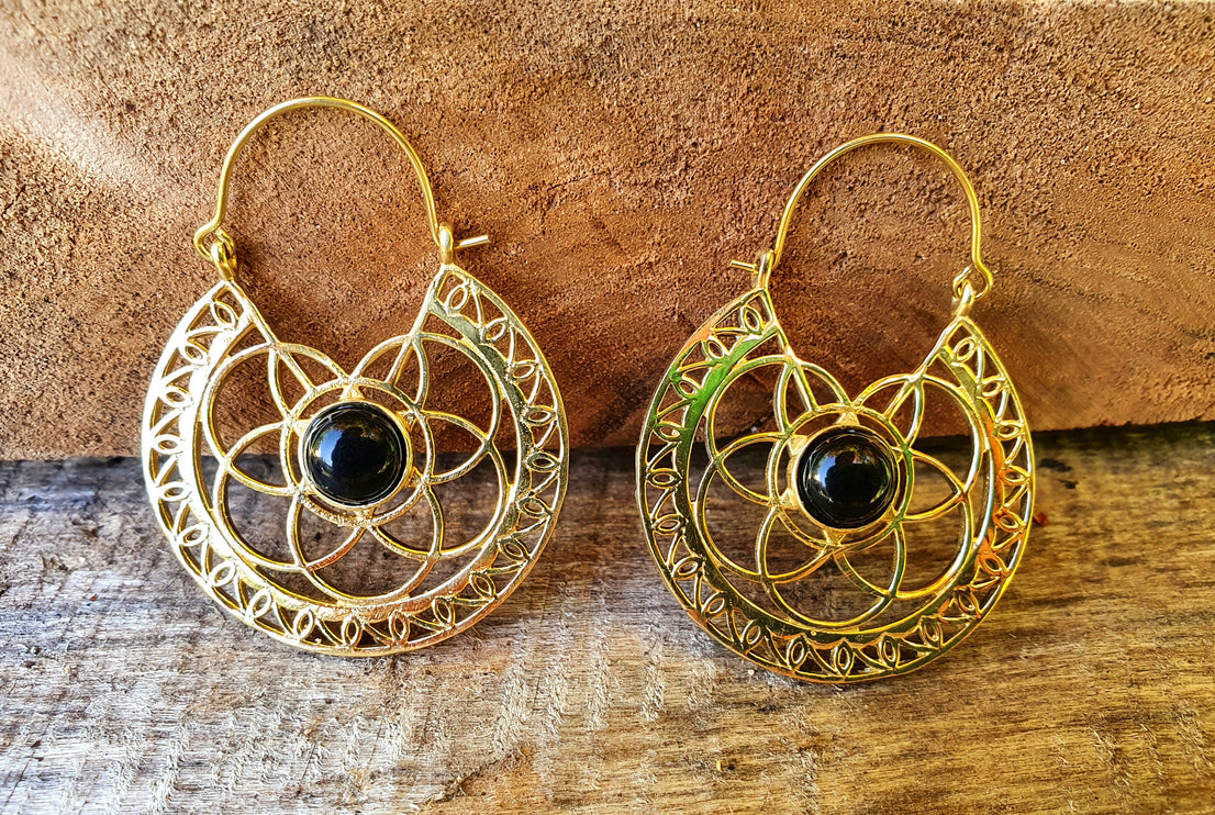 Black Onyx & Brass Hoop Ethnic Earrings , rustic, yoga, hippie, gypsy, pretty, psy, boho, bohemian, festival