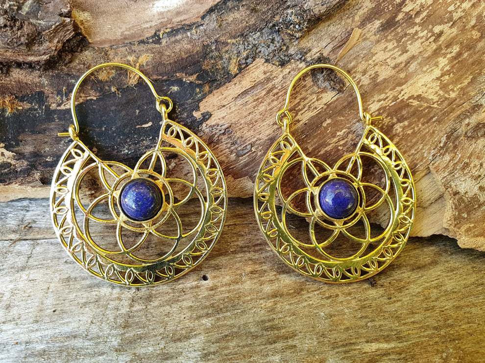 Golden Ethnic Lapis Lazuli Earrings Ethnic, Blue Stone , rustic, yoga, hippie, gypsy, pretty, psy, boho, bohemian, festival