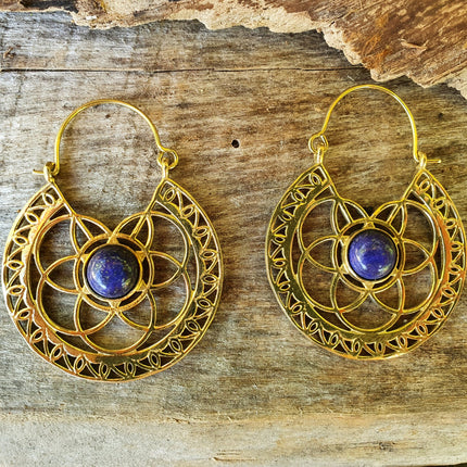 Golden Ethnic Lapis Lazuli Earrings Ethnic, Blue Stone , rustic, yoga, hippie, gypsy, pretty, psy, boho, bohemian, festival