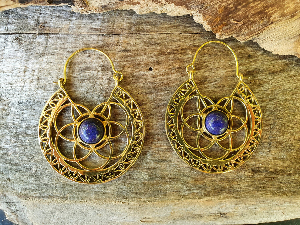 Golden Ethnic Lapis Lazuli Earrings Ethnic, Blue Stone , rustic, yoga, hippie, gypsy, pretty, psy, boho, bohemian, festival