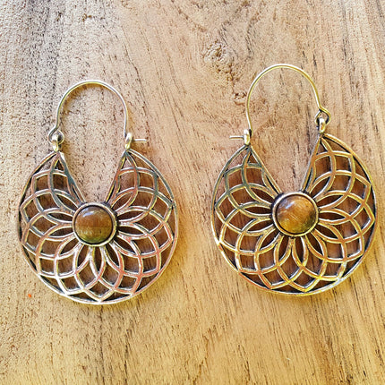 Tiger Eye & Silver Hoop Earrings Ethnic, rustic, yoga, hippie, gypsy, pretty, psy, boho, bohemian, festival