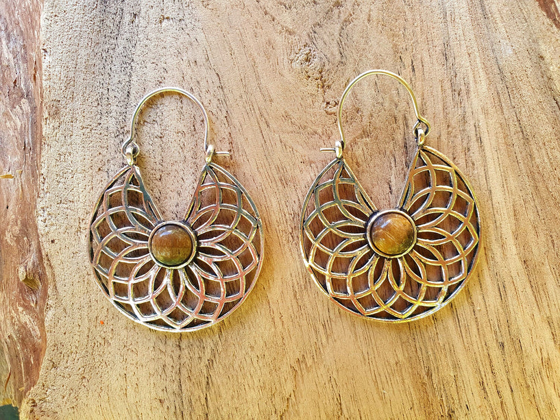 Tiger Eye & Silver Hoop Earrings Ethnic, rustic, yoga, hippie, gypsy, pretty, psy, boho, bohemian, festival