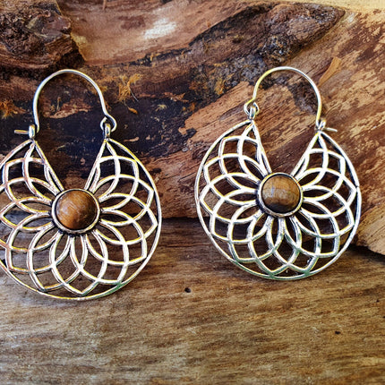 Tiger Eye & Silver Hoop Earrings Ethnic, rustic, yoga, hippie, gypsy, pretty, psy, boho, bohemian, festival