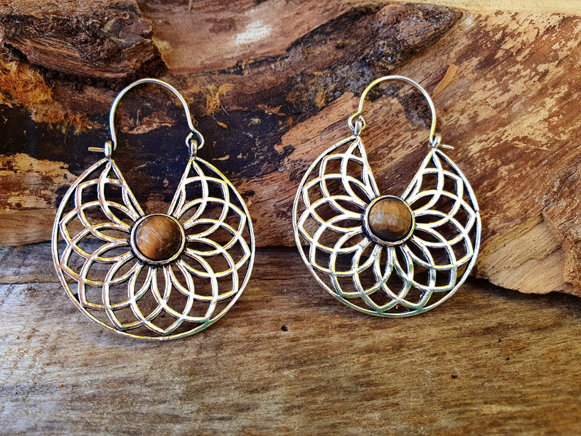 Tiger Eye & Silver Hoop Earrings Ethnic, rustic, yoga, hippie, gypsy, pretty, psy, boho, bohemian, festival
