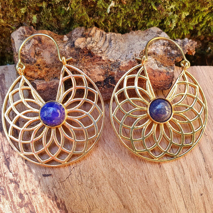 Golden Ethnic Lapis Lazuli Earrings Ethnic, Blue Stone , rustic, yoga, hippie, gypsy, pretty, psy, boho, bohemian, festival