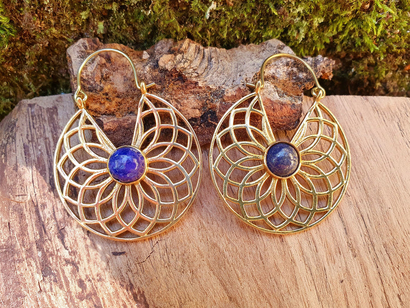 Golden Ethnic Lapis Lazuli Earrings Ethnic, Blue Stone , rustic, yoga, hippie, gypsy, pretty, psy, boho, bohemian, festival