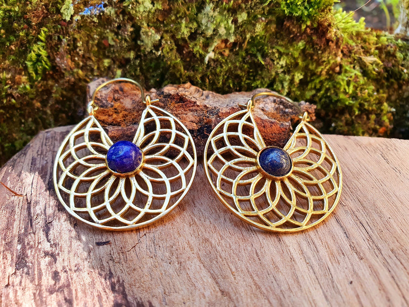 Golden Ethnic Lapis Lazuli Earrings Ethnic, Blue Stone , rustic, yoga, hippie, gypsy, pretty, psy, boho, bohemian, festival