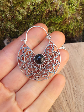 Aztec Black Onyx Silver Hoop Earrings Ethnic, rustic, yoga, hippie, gypsy, pretty, psy, boho, bohemian, festival