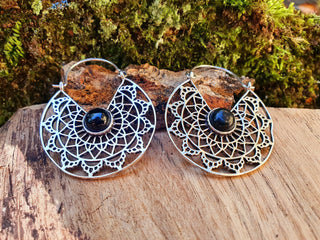Aztec Black Onyx Silver Hoop Earrings Ethnic, rustic, yoga, hippie, gypsy, pretty, psy, boho, bohemian, festival