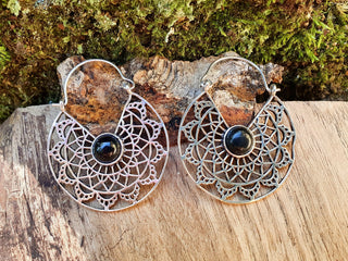 Aztec Black Onyx Silver Hoop Earrings Ethnic, rustic, yoga, hippie, gypsy, pretty, psy, boho, bohemian, festival