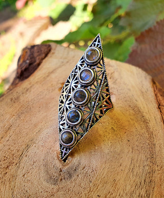Large Diamond Shape Ring Labradorite Silver, Geometric Statement Jewellery, Boho Style, Ethnic, Rustic, Tribal