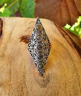 Large Diamond Shape Ring Labradorite Silver, Geometric Statement Jewellery, Boho Style, Ethnic, Rustic, Tribal