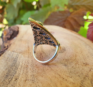 Large Diamond Shape Ring Labradorite Silver, Geometric Statement Jewellery, Boho Style, Ethnic, Rustic, Tribal